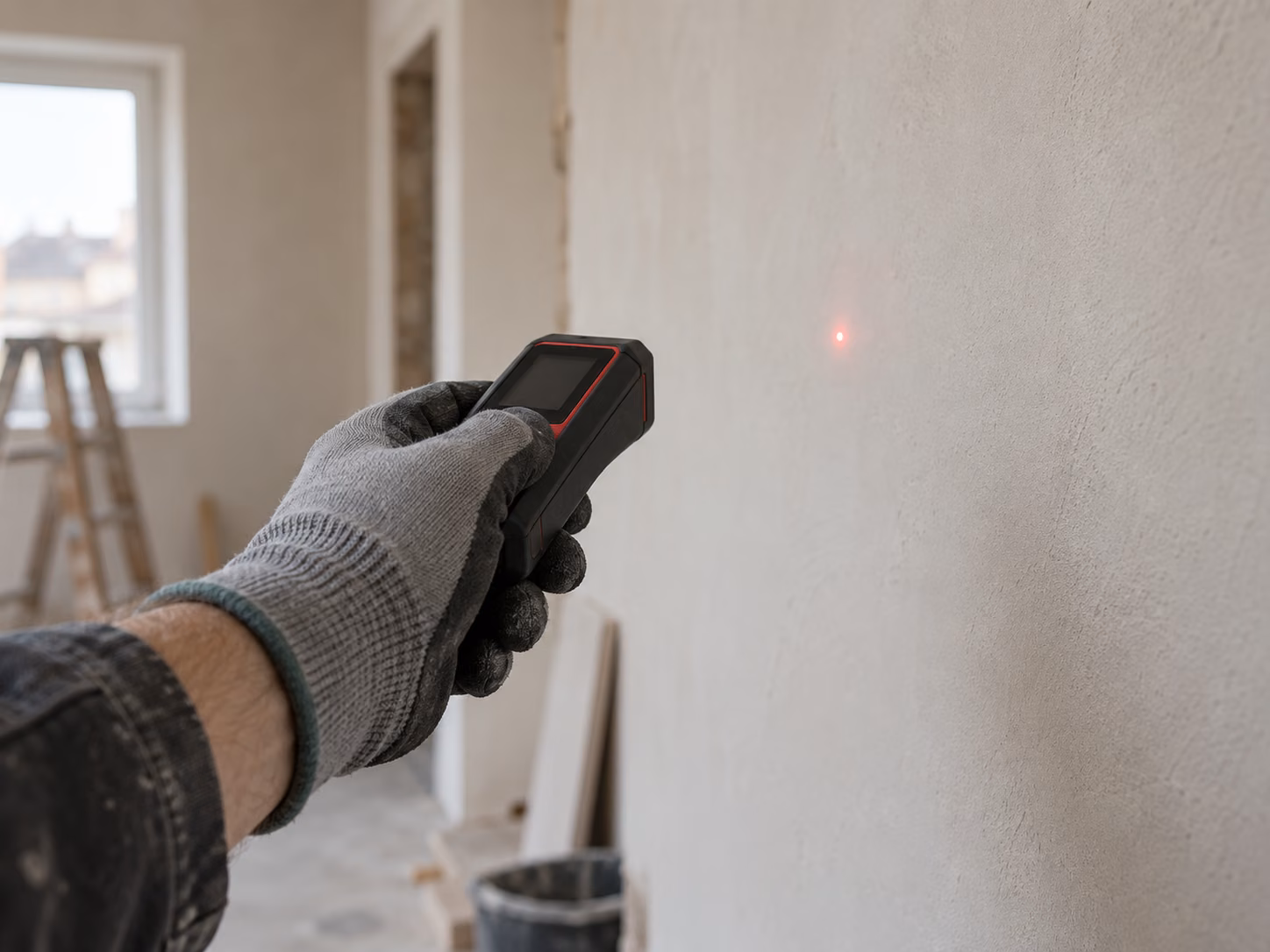 Une main gantée tenant un télémètre laser face à un mur en plâtre neuf, l’écran de l’appareil non lisible. Cadrage serré, aucun visage