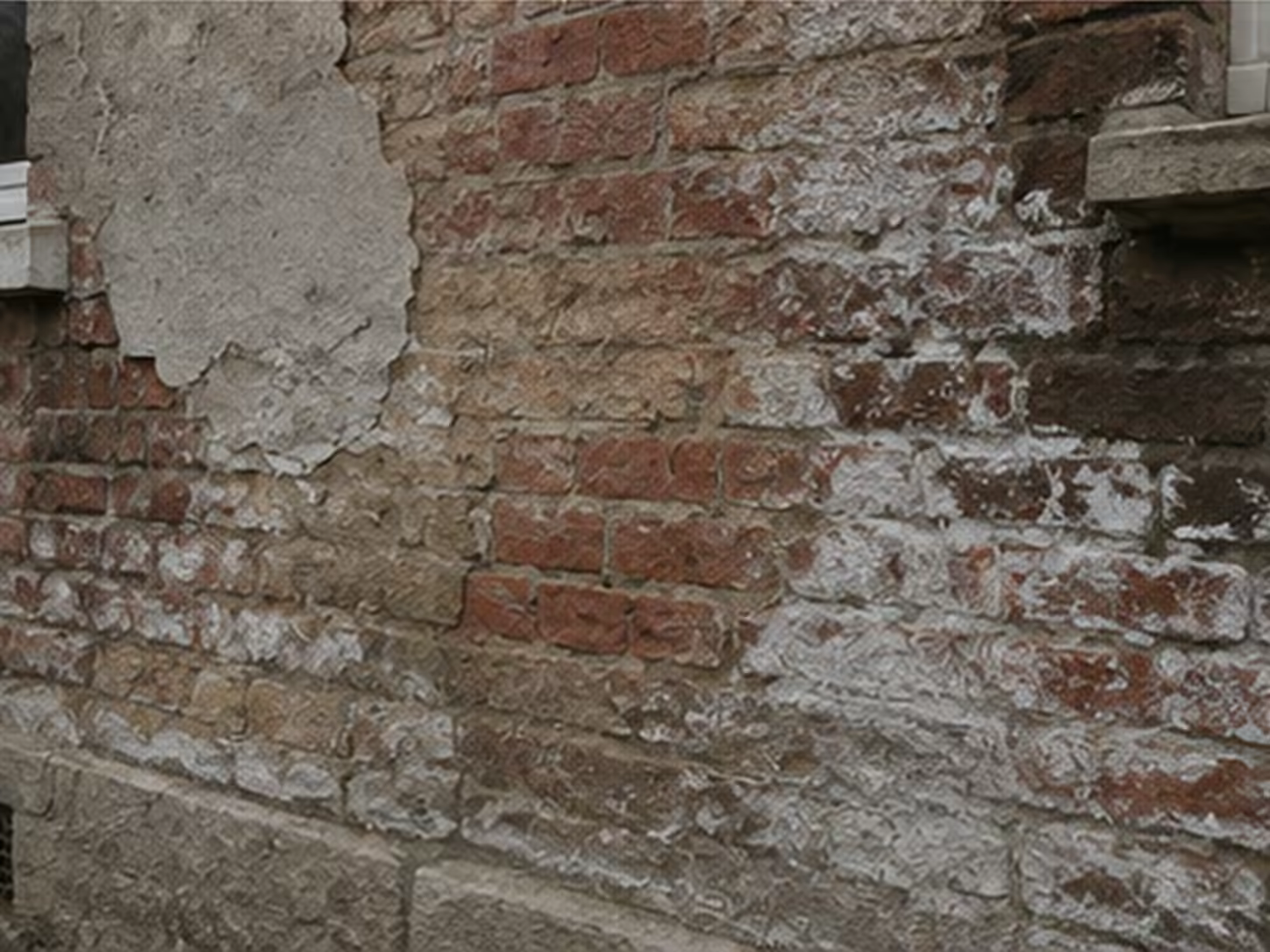 mur ancien en brique avec enduit décollé et dépôts de sels