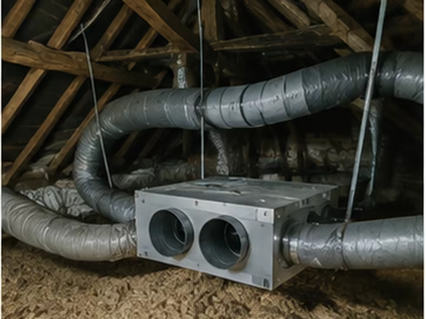 réseau de gaines de ventilation installé dans des combles accessibles