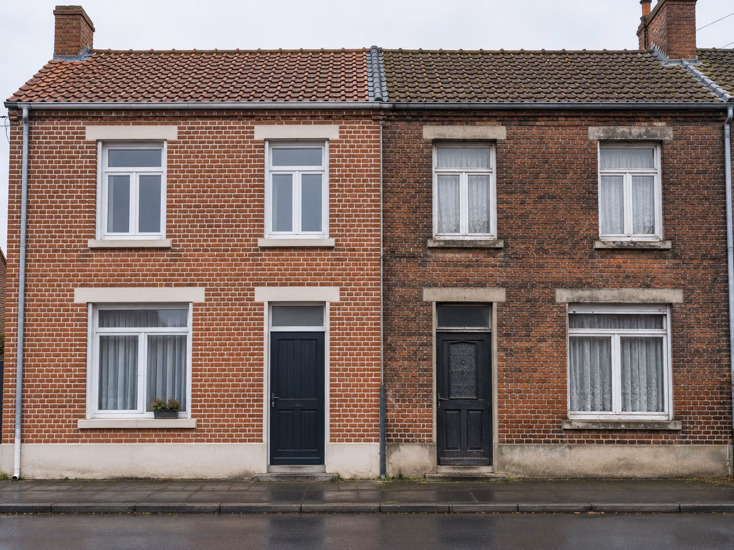 Une façade en brique avec un ravalement récent d’un côté et une façade voisine non traitée, contraste visible